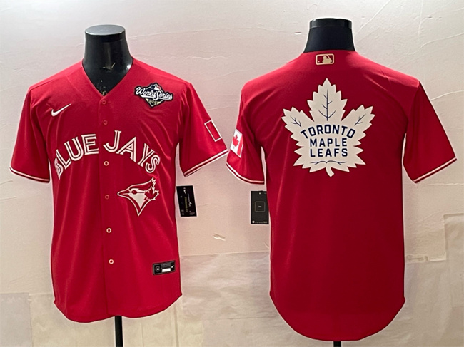 Men's Toronto Blue Jays & Leafs Red 2025 World Series With White Leafs Logo Cool Base Stitched Baseball Jersey Men's Toronto Blue Jays & Leafs Red 2025 World Series With White Leafs Logo Cool Base Stitched Baseball Jersey